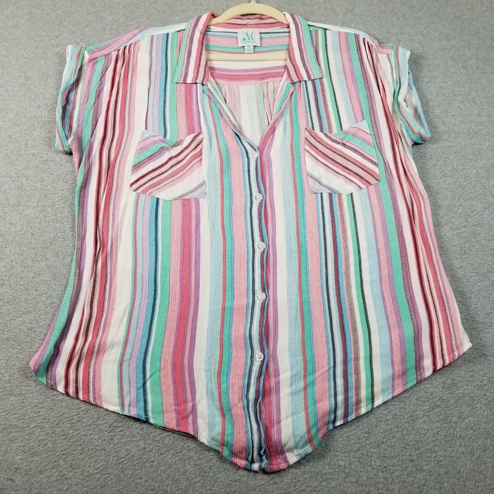 The Mint Top Womens Medium Striped See Through Short Sleeve Summer Gauze Coastal